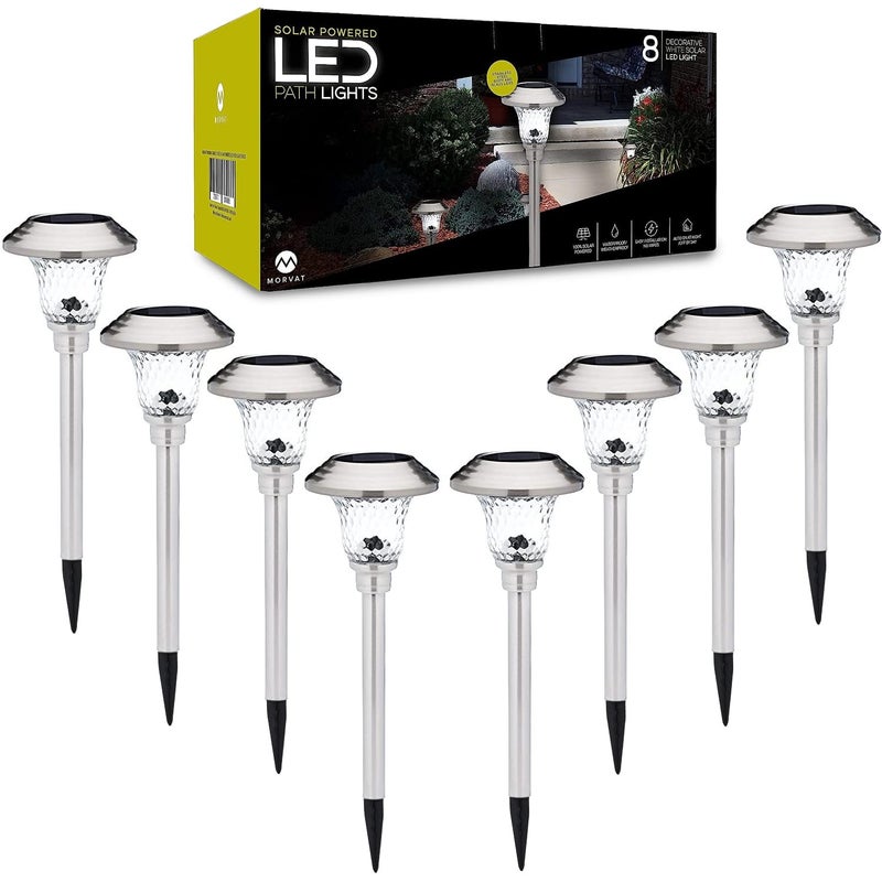 Morvat LED Solar Powered Outdoor Landscape Path Lights with Stainless Steel & Glass Lens, Up to 8 Hours Lighting for Garden Lawn Yard Walkway & Pathway, Waterproof, Dusk to Dawn, White Light, 8 Pack - Image 1